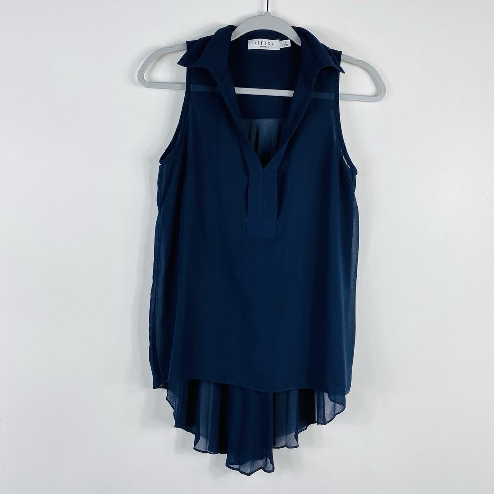 Iris Setlakwe Size 4 Pleat Back High Low Sleeveless Blouse Top Navy Blue
